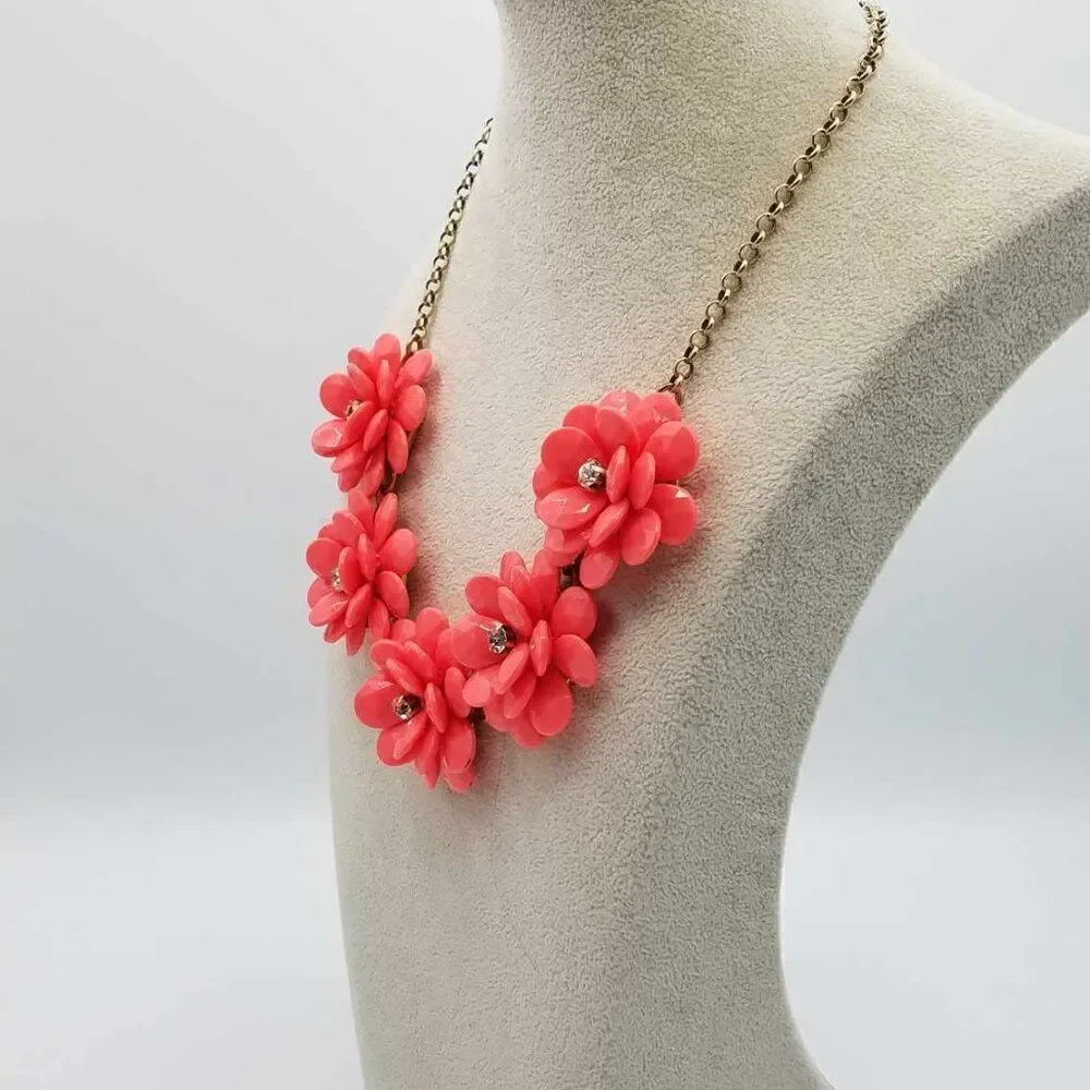 J Crew Coral / Orange Resin Floral Necklace with Crystals